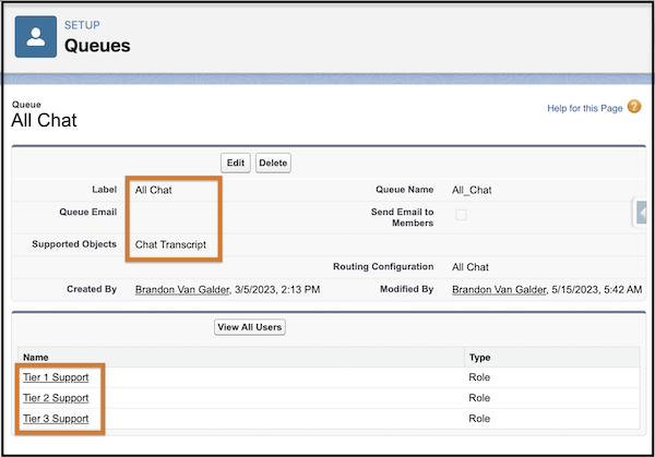 Screen shot of the All Chat Queue set up window with Label: All Chat and Supported Objects: Chat Transcript highlighted in red, and Name column showing 3 Tiers, Tier 1, Tier 2, and Tier 3 of support to the left of the Type column showing role for each type. 