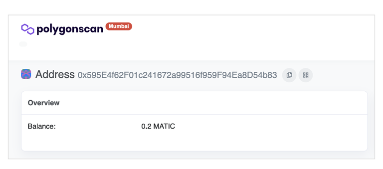 Window showing the Polygon network title and MetaMask wallet address with new 2.0 balance 