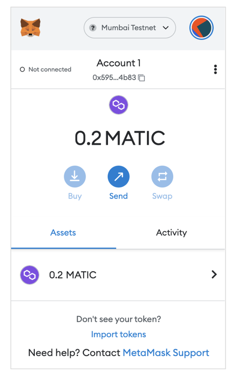 Window showing the MetaMask wallet with the MATIC tokens now as part of the 2.0 balance