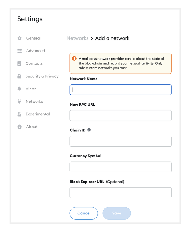 Screenshot of New MetaMask Add New Network Settings Window