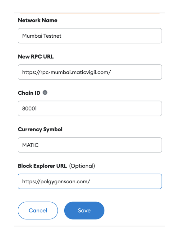 Screenshot of New MetaMask Add New Network Settings Window