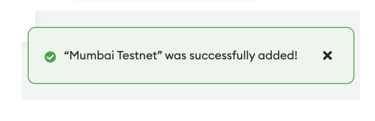 Screenshot of New MetaMask Successfully Added Mumbai Testnet Window