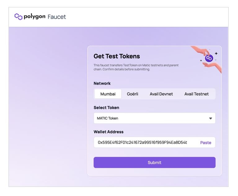 Screenshot of Polygon Test Token Confirmation Window