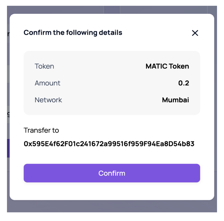 Window showing a screen with Matic token confirmation details including token: MATIC, amount 2.0, Network Mumbai and the new MetaMask wallet address 