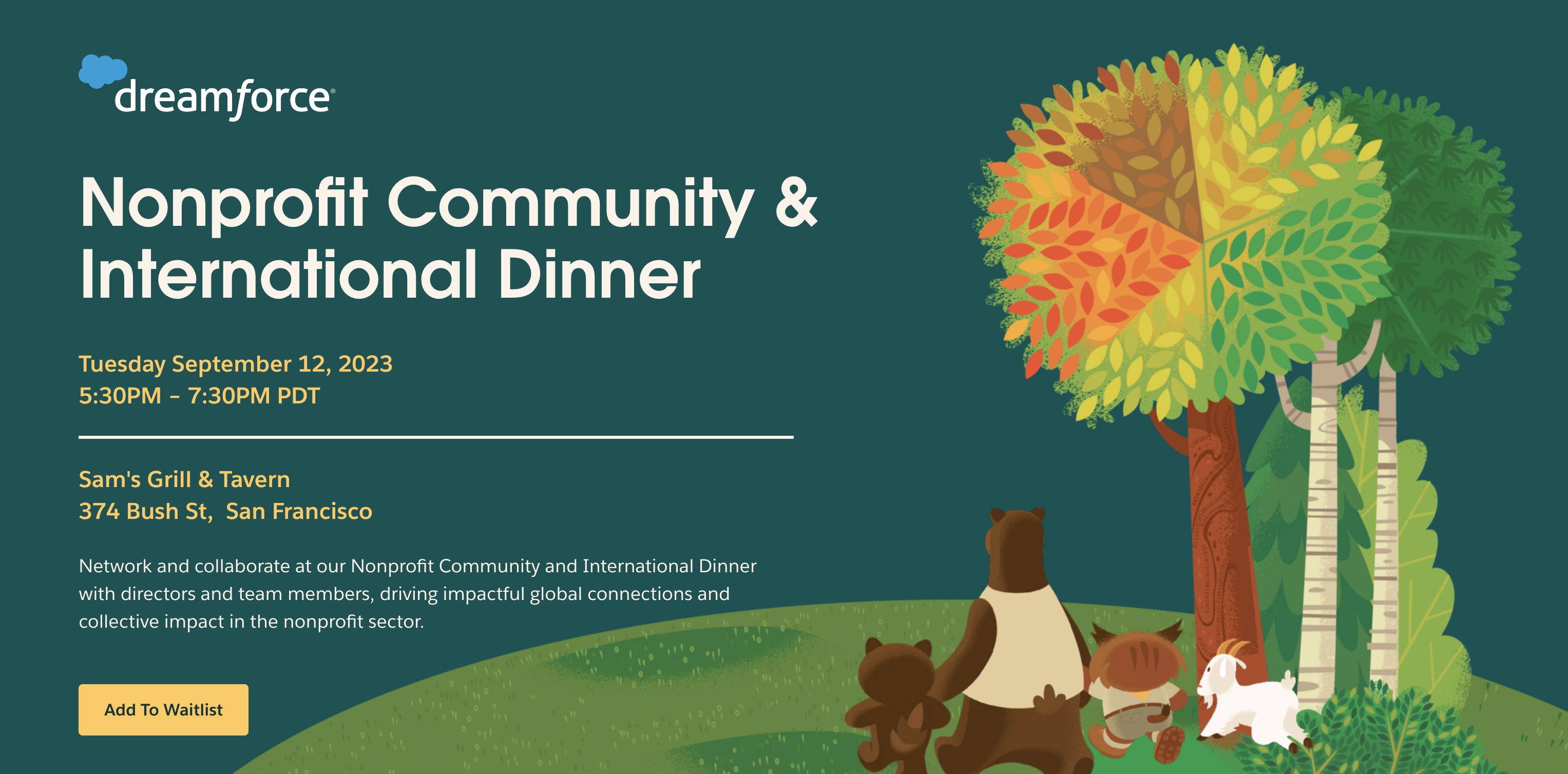 Salesforce characters and the title of the event, Salesforce Nonprofit Dinner. Click to visit the registration page.