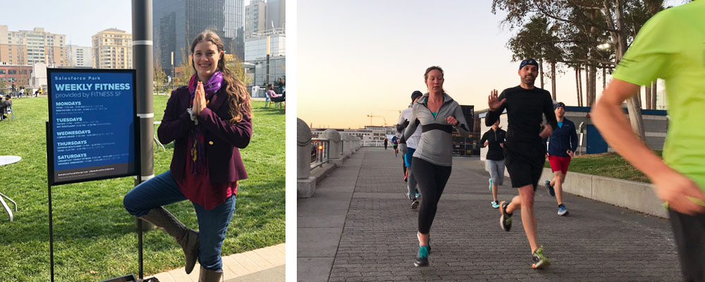 Practicing tree pose on the Salesforce Campus with Katharine Bierce and last years run with Art Ordoqui