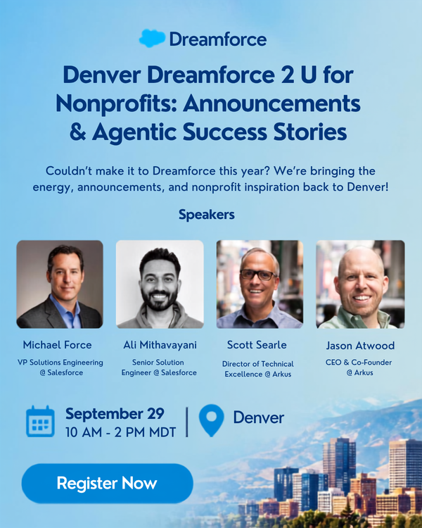 Dreamforce 2 U event title with photos of four speakers