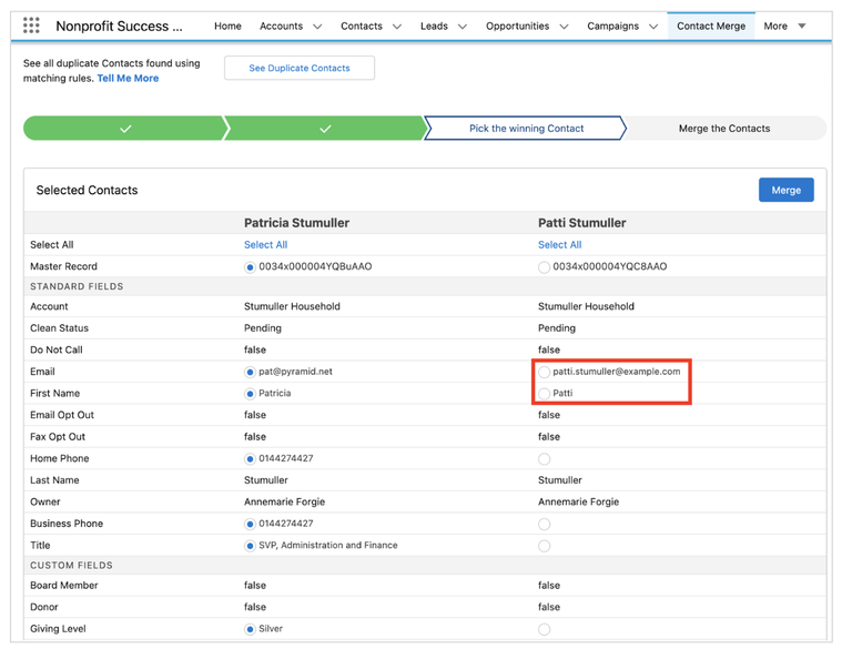 Nonprofit Success Pack - selected contacts shown for merging duplicates