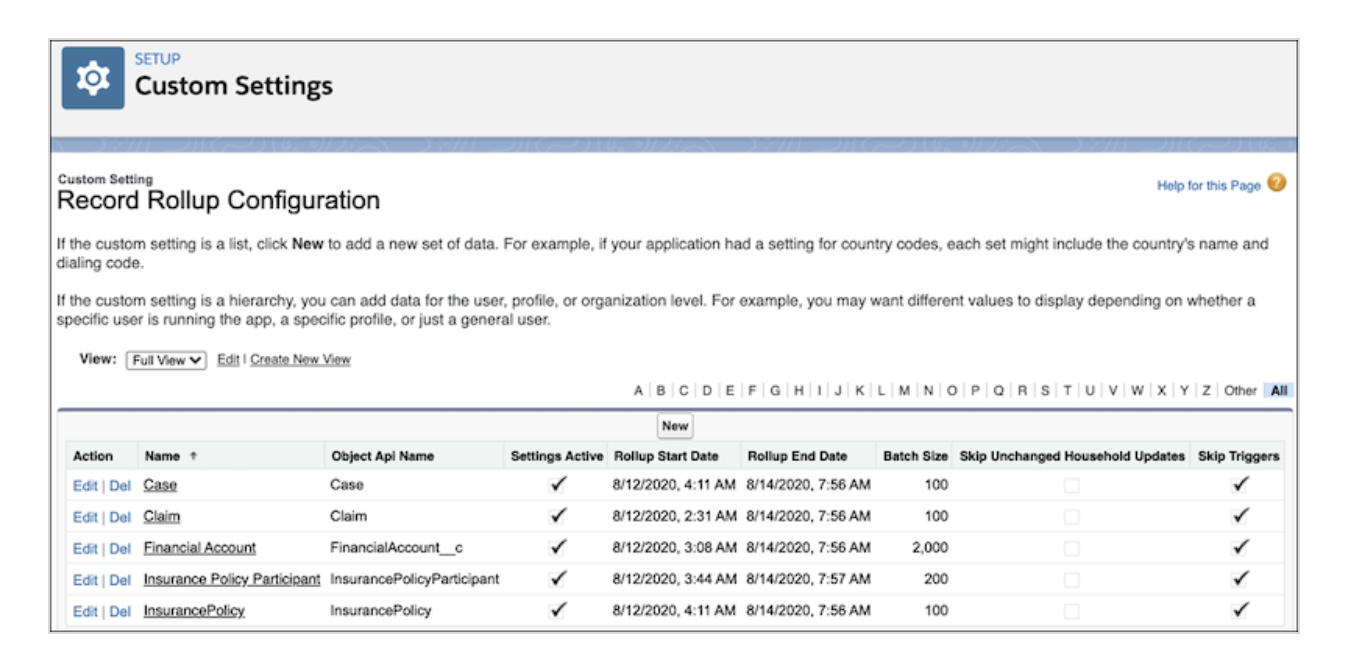 Record Rollup Configuration in the Setup Custom Settings Window