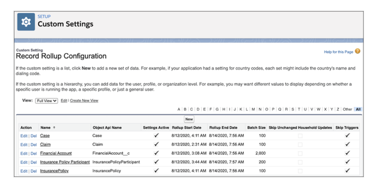  Record Rollup Configuration in the Setup Custom Settings Window