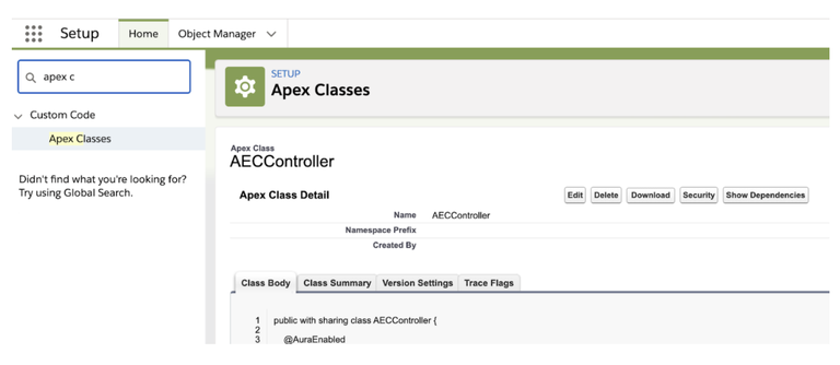 Apex classes in setup for org maintenance screenshot