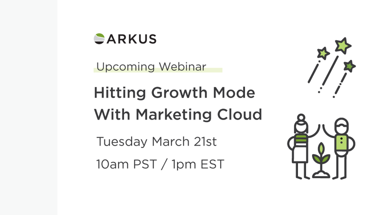 Graphic with shooting stars and text about a Marketing Cloud Webinar on 3/21/23 at 1pm EST.