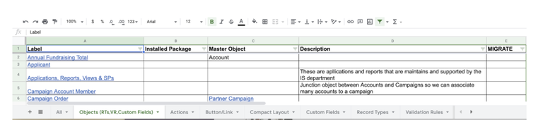 Screenshot of spreadsheet with Objects, Actions, Button/Link and more tabs shown