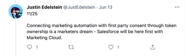 A Salesforce and Marketing Cloud NFTCloud Tweetstorm Tweet from @justedelstein 