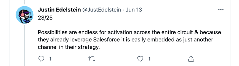 NFTCloud Tweetstorm Tweet from @Justedelstein on the Salesforce announcement 