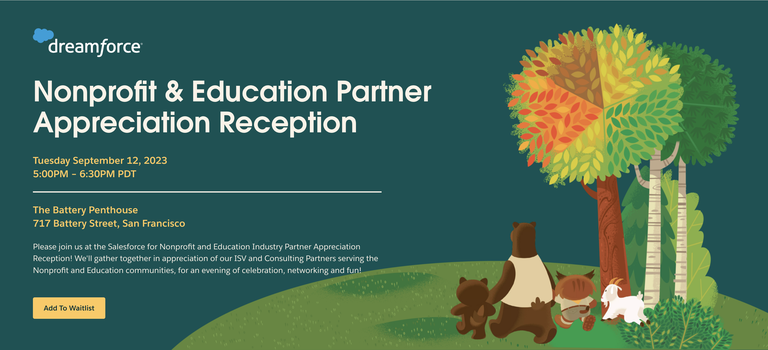 Nonprofit & Education Partner Appreciation Reception event title on a graphic with Salesforce mascot characters
