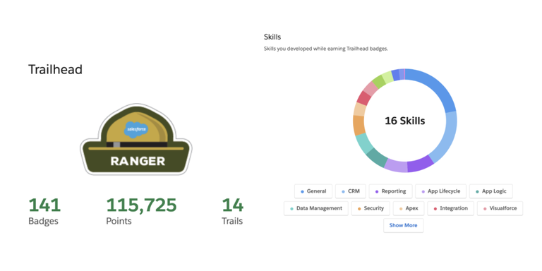 141 badges, 115,725 points, and 14 trails, and a donut chart of skills mastered